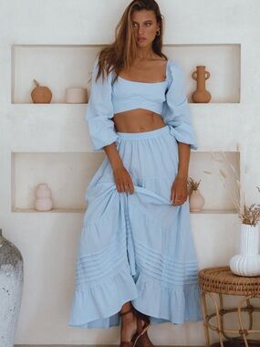 STUNNING MUMBAI BALLIN LINEN CIEL BLUE TOP AND SKIRT SET
